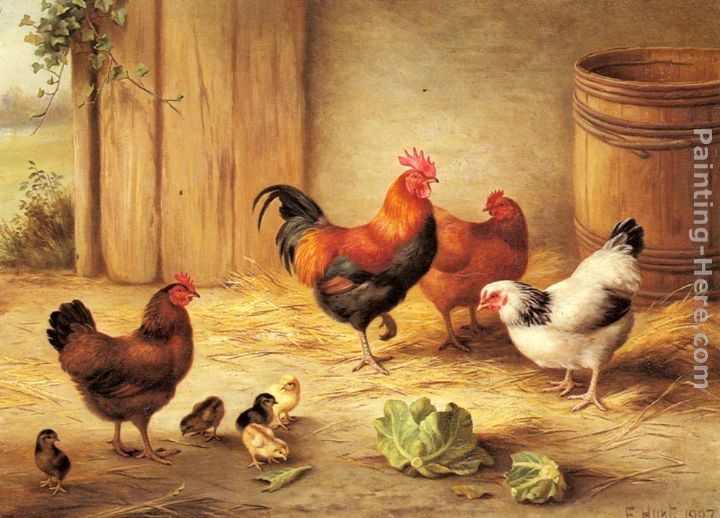 Edgar Hunt Chickens in a Barnyard